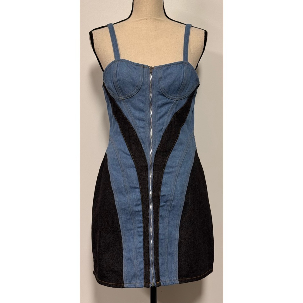 NWT Micas Zip Front Two-Tone Denim Mini Dress Blue & Black Size M